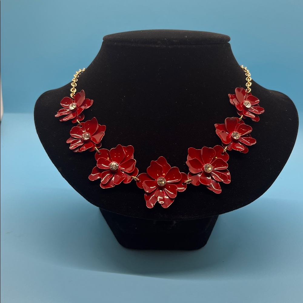 #0021.  Red Floral Necklace with Gold Accents